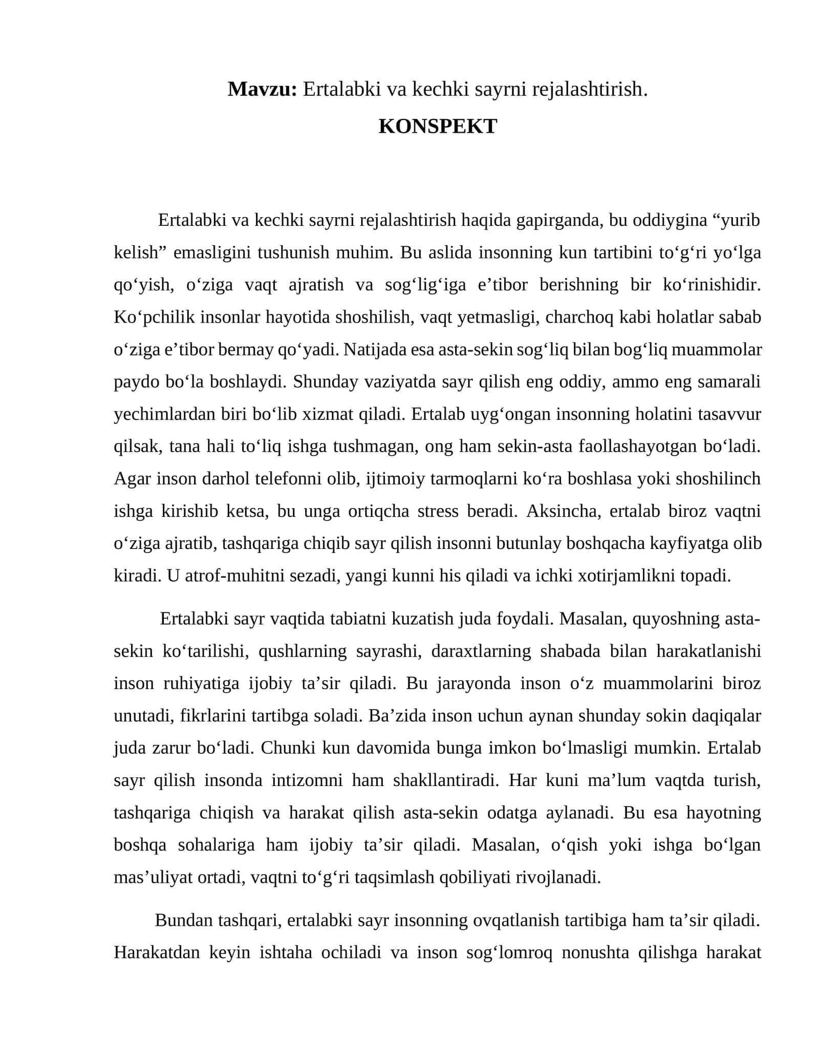 Ertalabki va kechki sayrni rejalashtirish 1