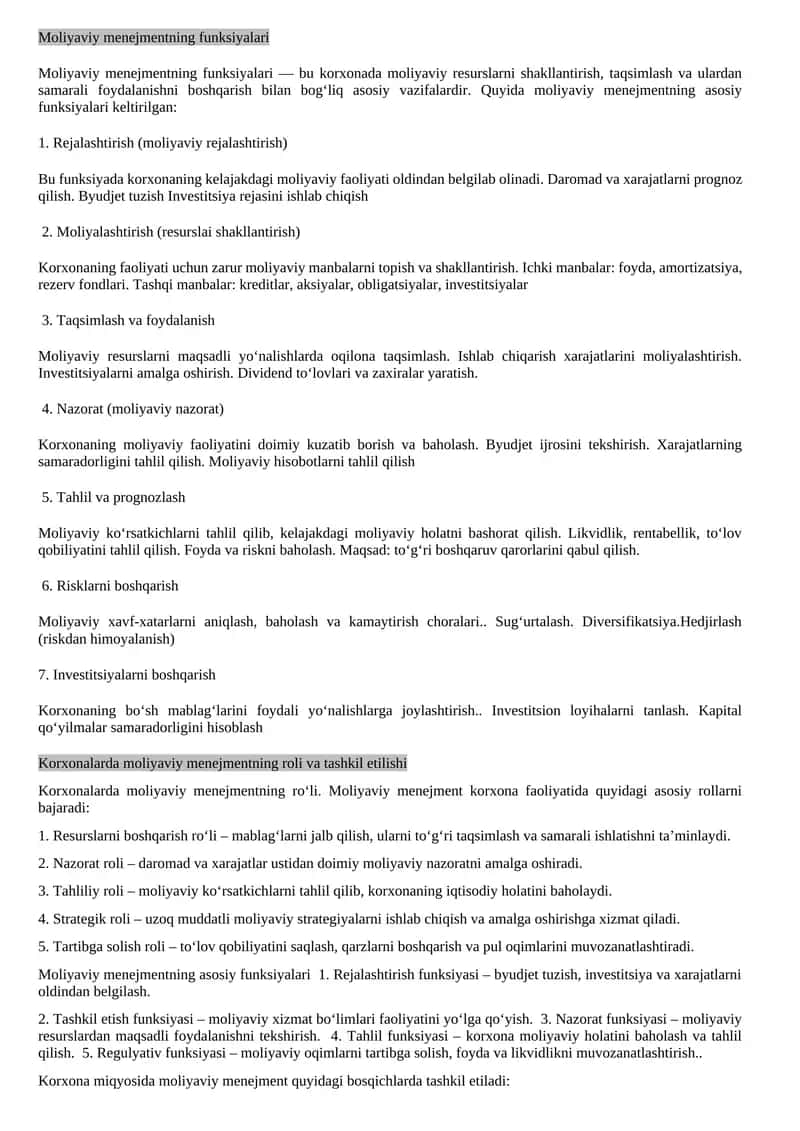 Moliyaviy menejmentning funksiyalari 1