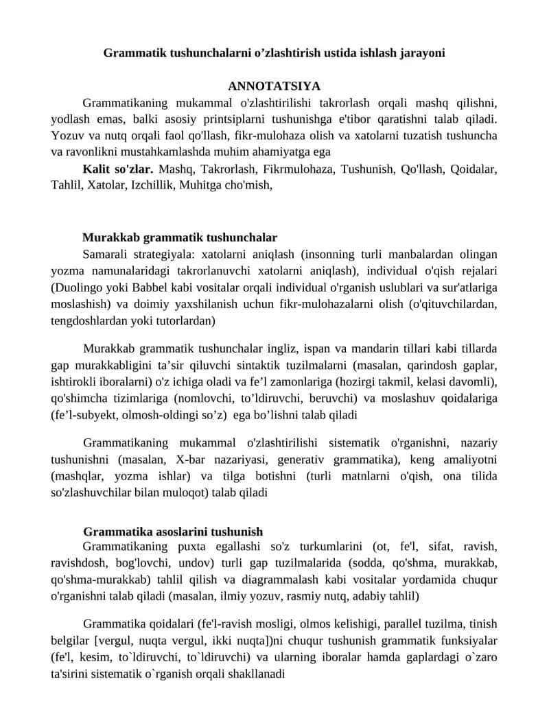 Grammatik tushunchalarni o’zlashtirish ustida ishlash jarayoni 1