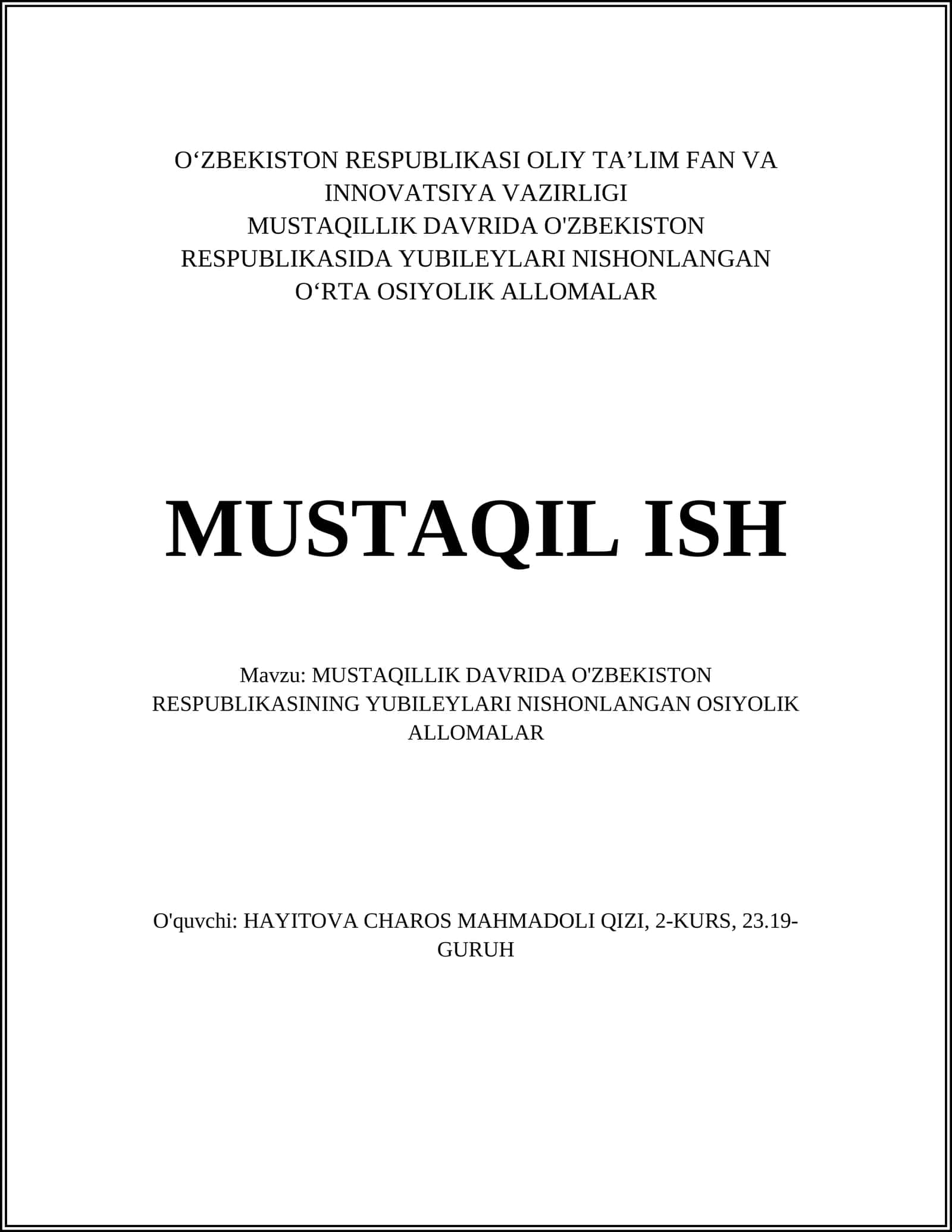 MUSTAQILLIK DAVRIDA O'ZBEKISTON RESPUBLIKASINING YUBILEYLARI NISHONLANGAN OSIYOLIK ALLOMALAR 1