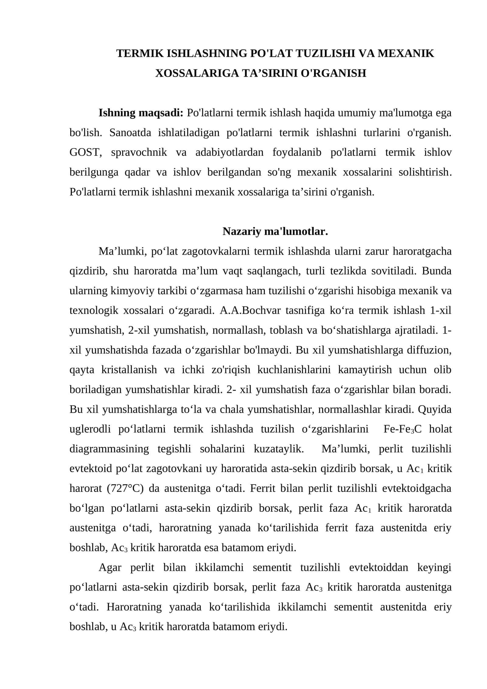 TERMIK ISHLASHNING PO'LAT TUZILISHI VA MEXANIK XOSSALARIGA TA’SIRINI O'RGANISH 1