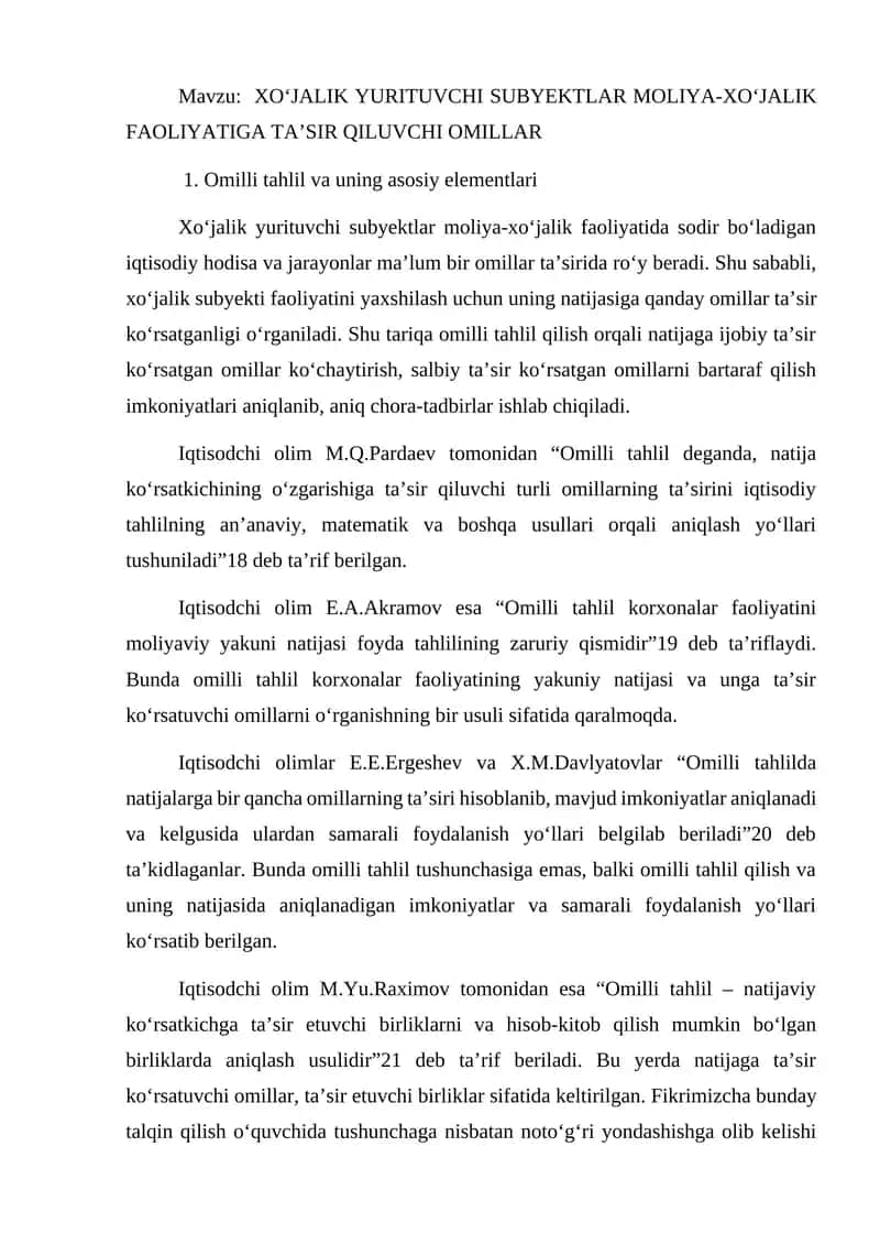 XO‘JALIK YURITUVCHI SUBYEKTLAR MOLIYA-XO‘JALIK FAOLIYATIGA TA’SIR QILUVCHI OMILLAR 1