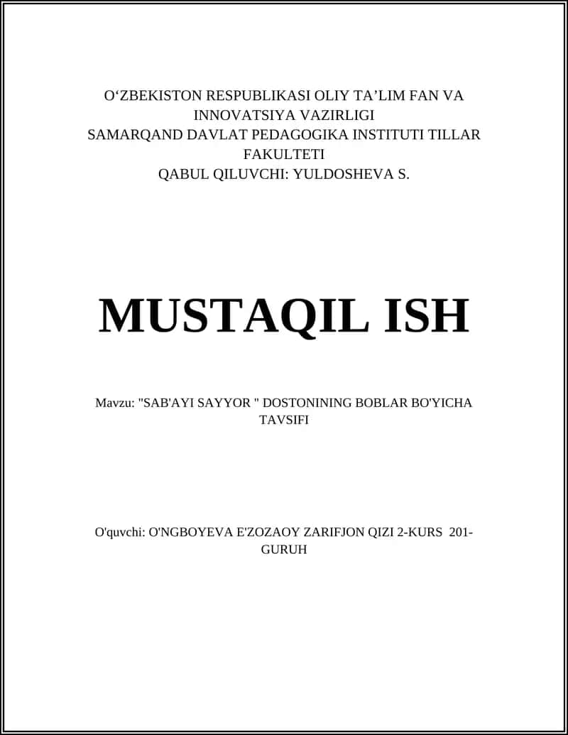 SAB'AYI SAYYOR DOSTONINING BOBLAR BO'YICHA TAVSIFI 1