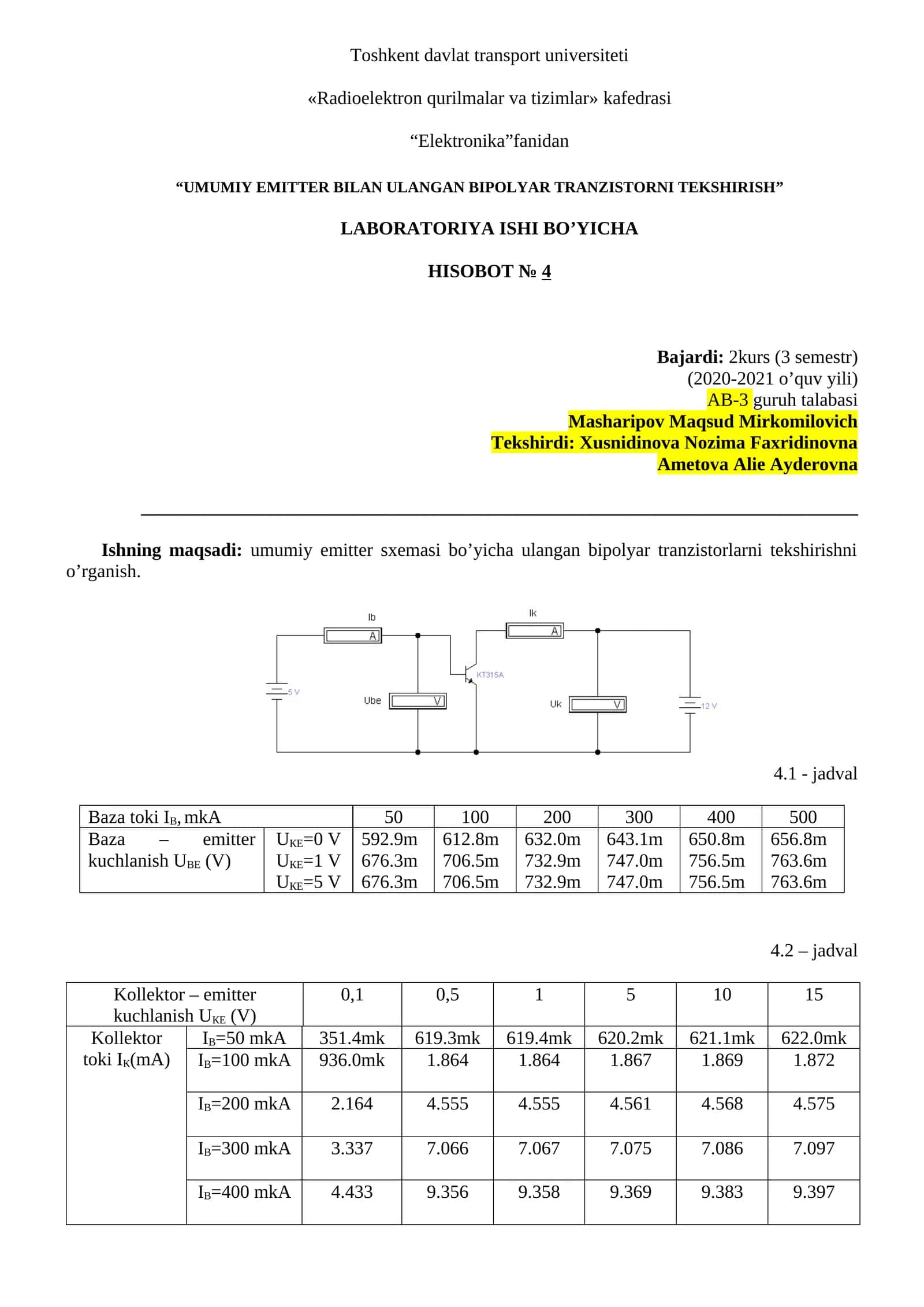 UMUMIY EMITTER BILAN ULANGAN BIPOLYAR TRANZISTORNI TEKSHIRISH 1