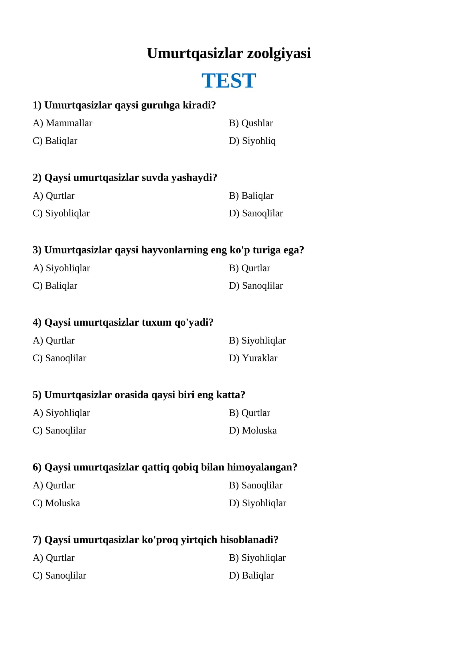 Umurtqasizlar zoolojiyasi (TEST) 1