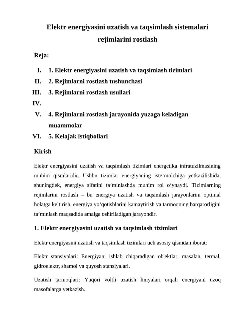 Elektr energiyasini uzatish va taqsimlash sistemalari rejimlarini rostlash 1