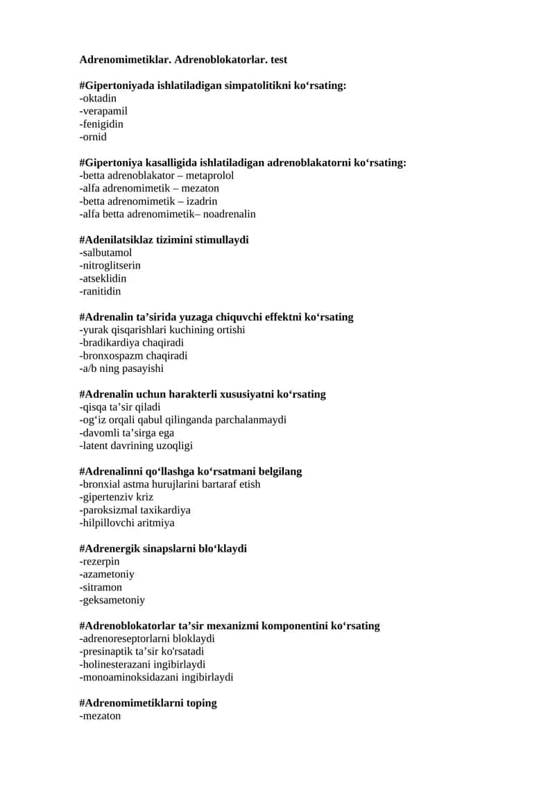 Adrenomimetiklar. Adrenoblokatorlar. test 1