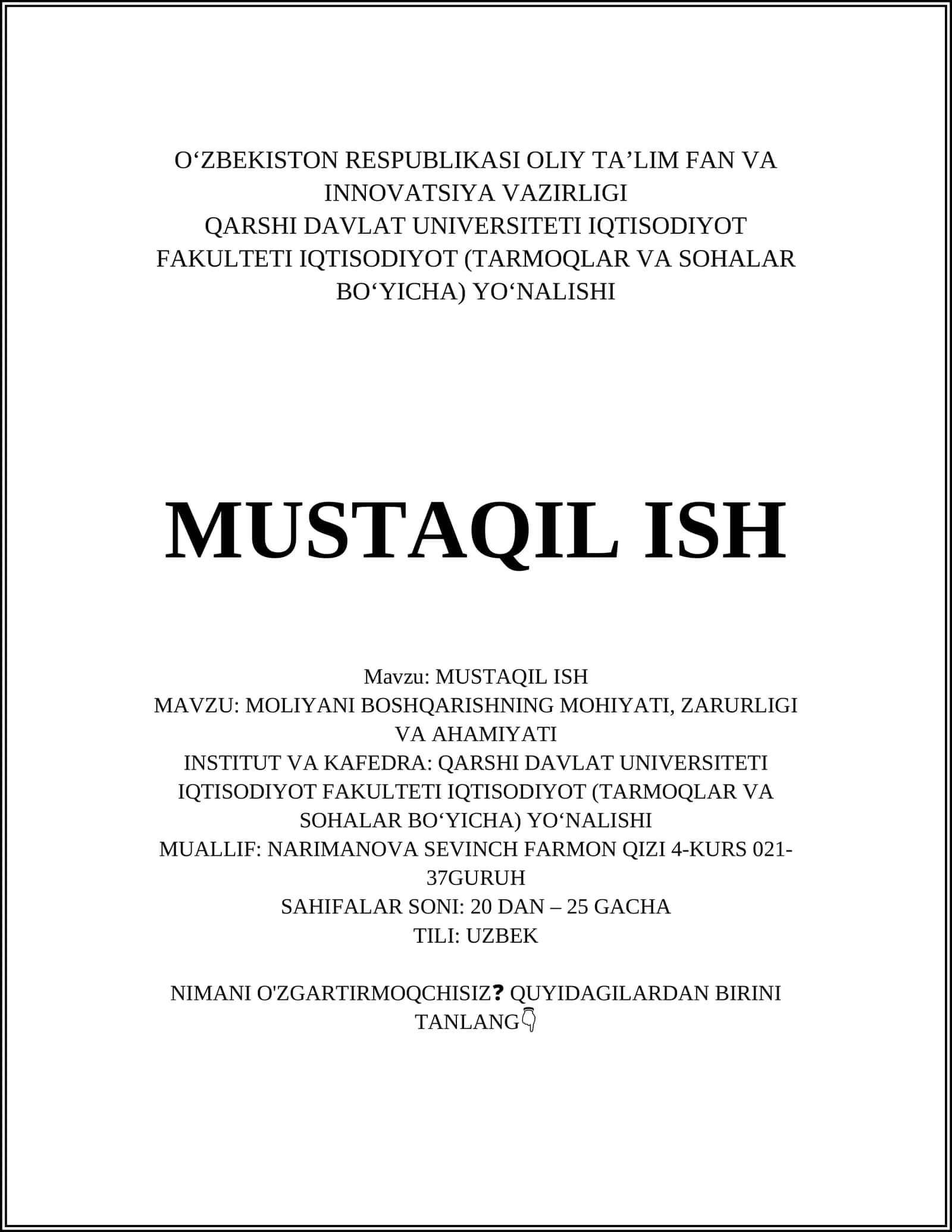MOLIYANI BOSHQARISHNING MOHIYATI, ZARURLIGI VA AHAMIYATI 1