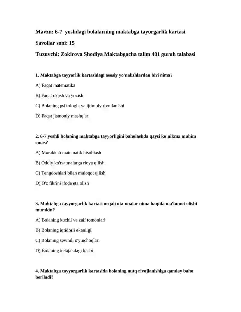 6-7 yoshdagi bolalarning maktabga tayorgarlik kartasi