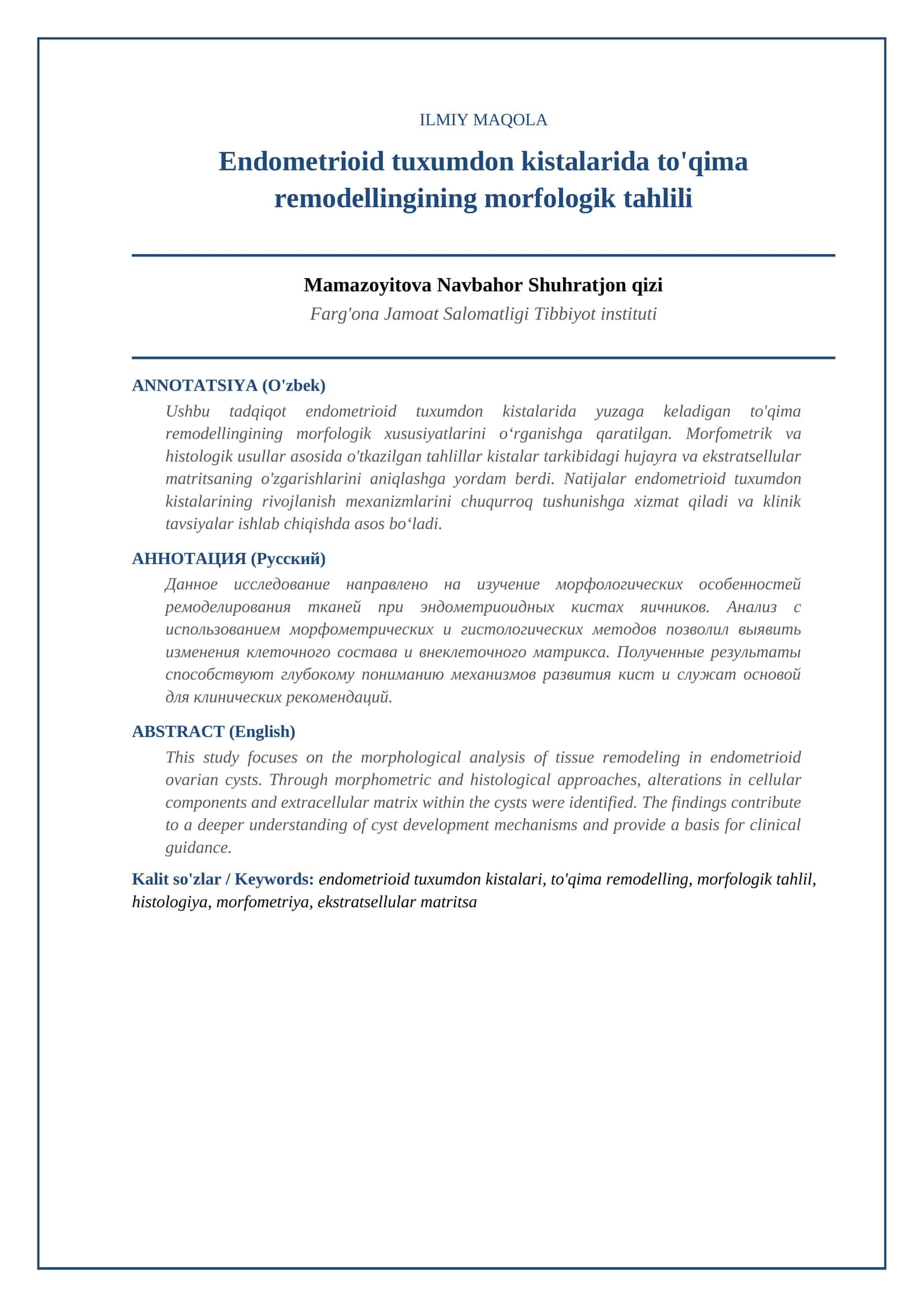 Endometrioid tuxumdon kistalarida to'qima remodellingining morfologik tahlili 1