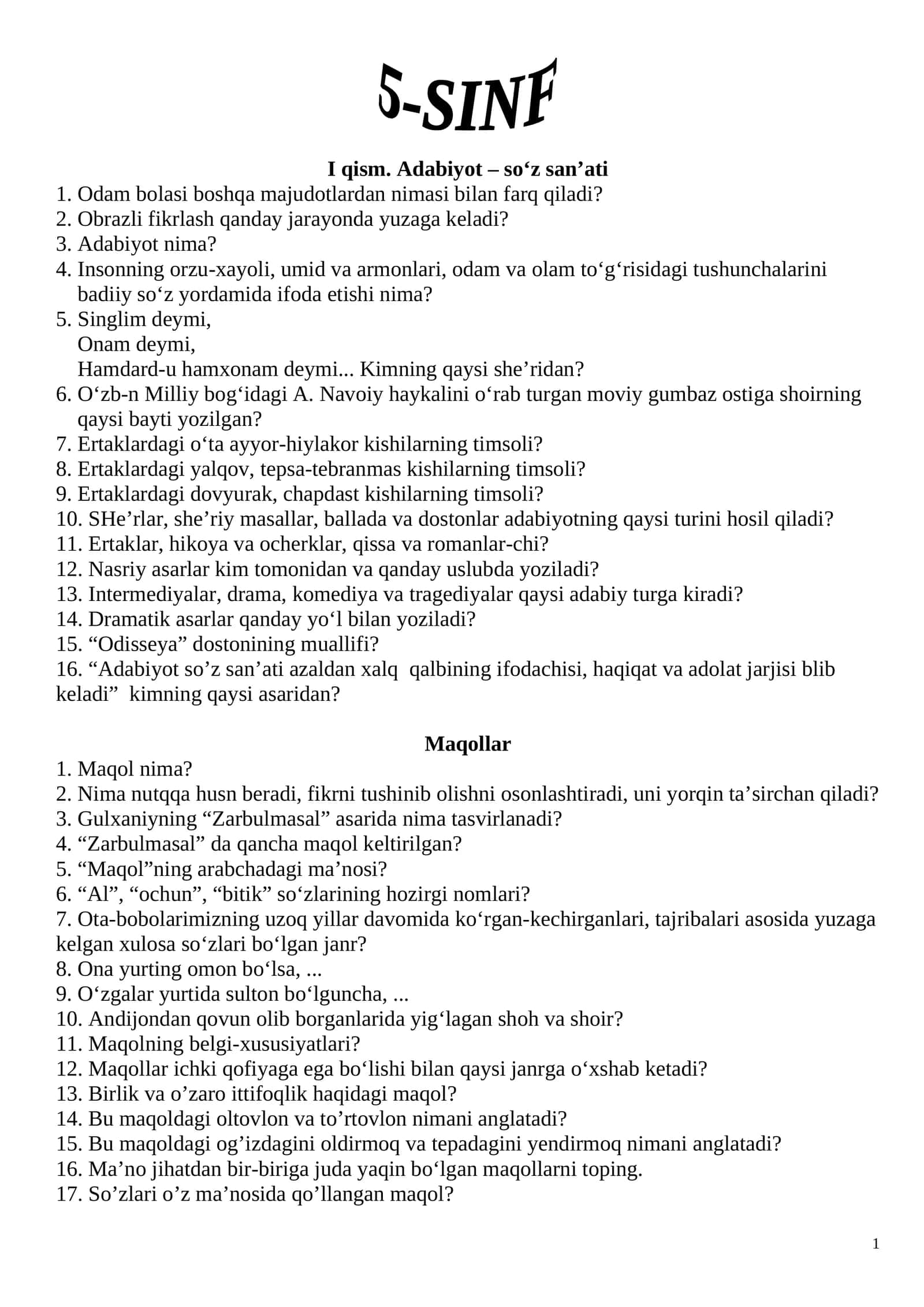 5-SINF I qism. Adabiyot – so‘z san’ati 1