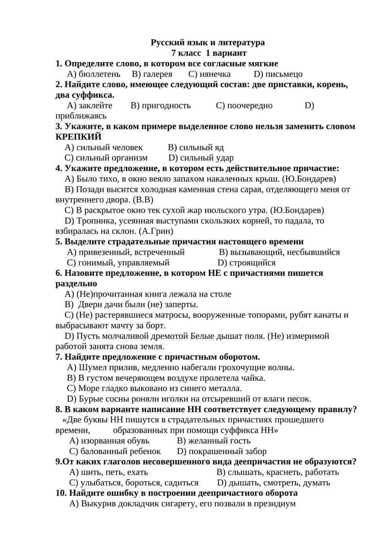 Русский язык и литература 7 класс 1 вариант 1