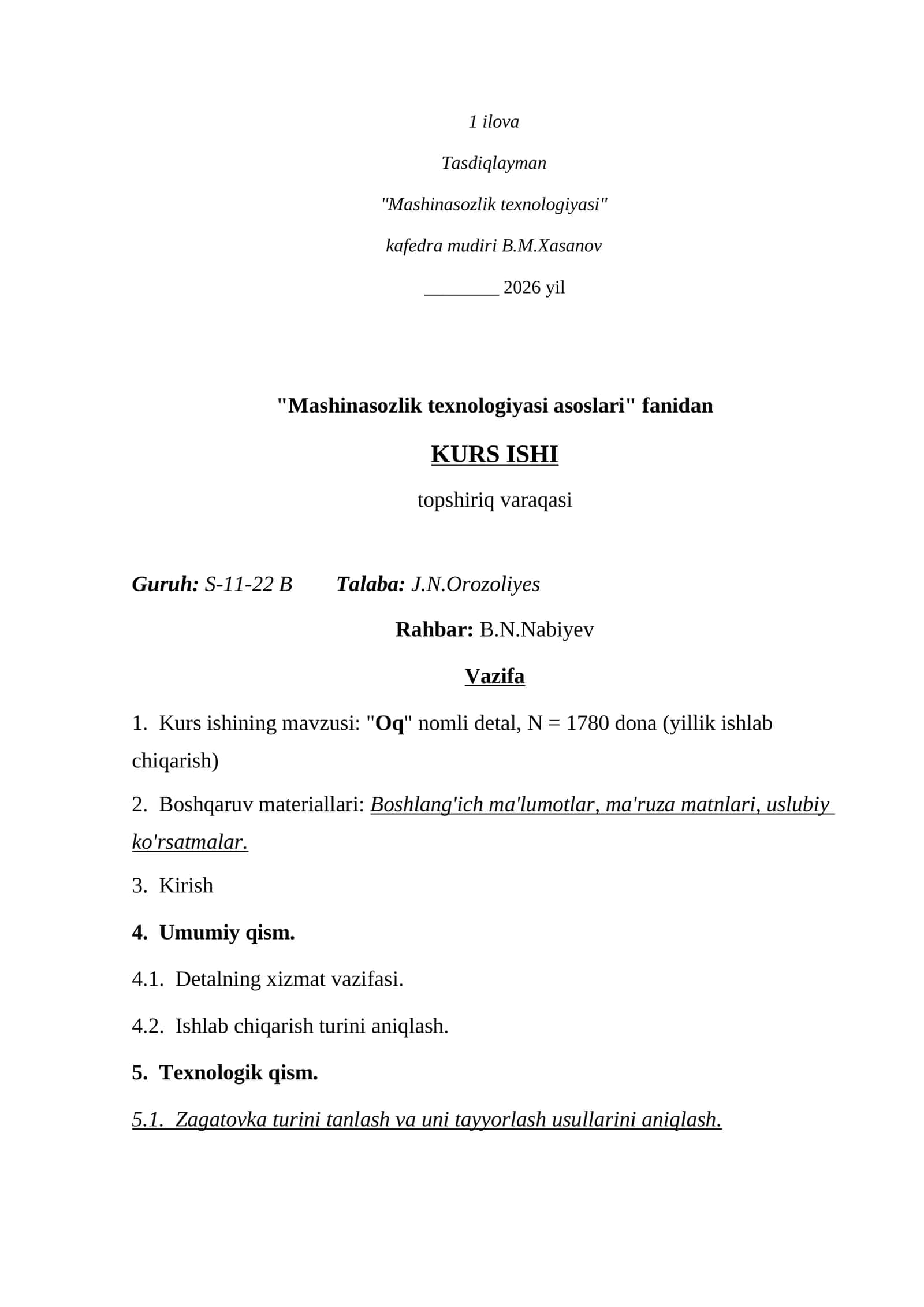 "Mashinasozlik texnologiyasi asoslari" – Kurs ishi 1