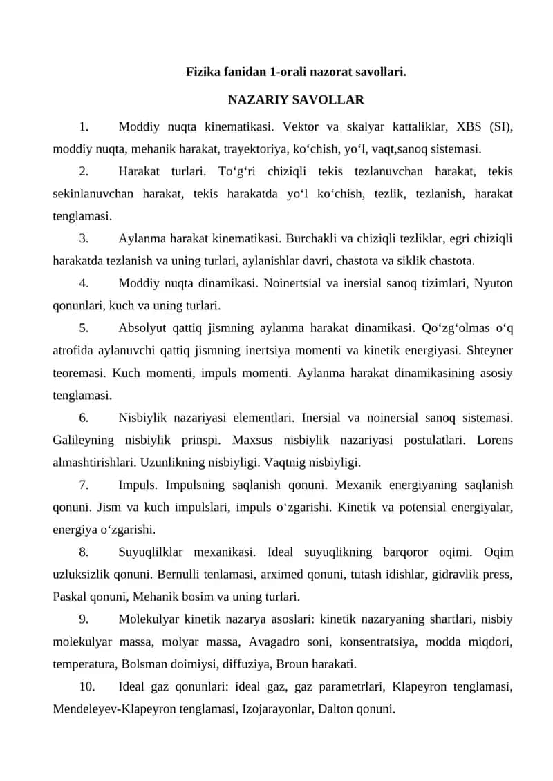 Fizika fanidan 1-orali nazorat savollari 1