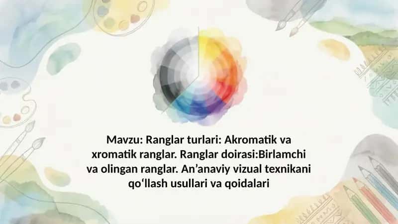 Ranglar turlari Akromatik va xromatik ranglar. Ranglar doirasi Birlamchi va olingan ranglar 1