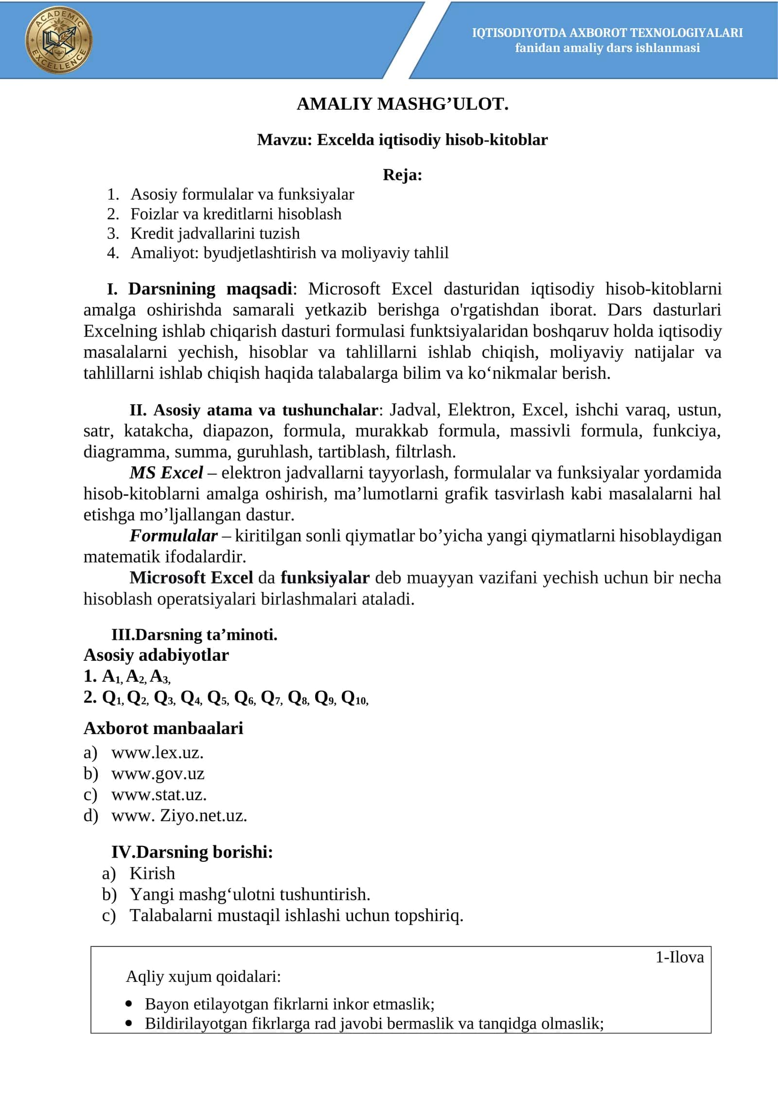Excelda iqtisodiy hisob-kitoblar amaliy dars ishlanmasi 1