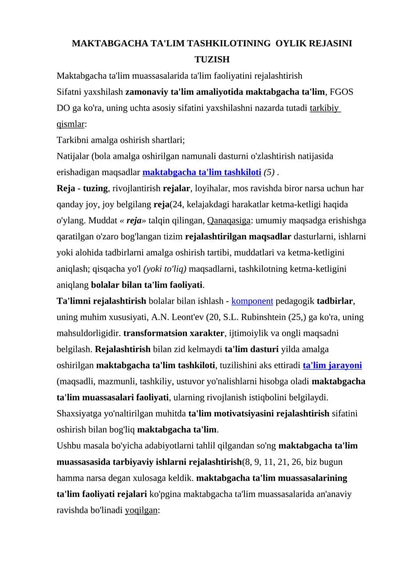 MAKTABGACHA TA'LIM TASHKILOTINING OYLIK REJASINI TUZISH 1