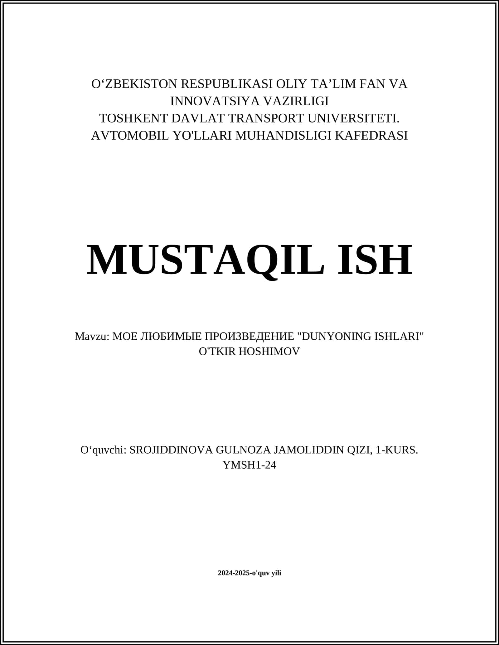"Dunyoning Ishlari" O'tkir Hoshimov 1