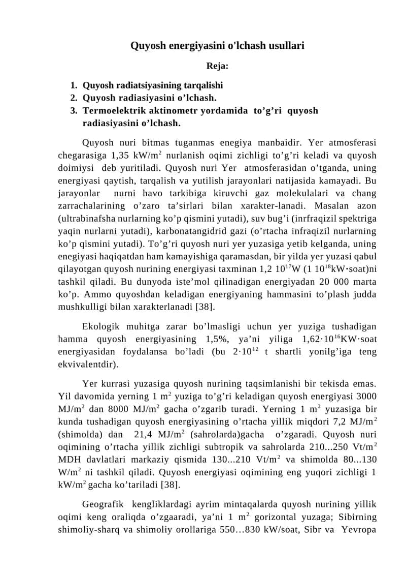 Quyosh energiyasini o'lchash usullari 1