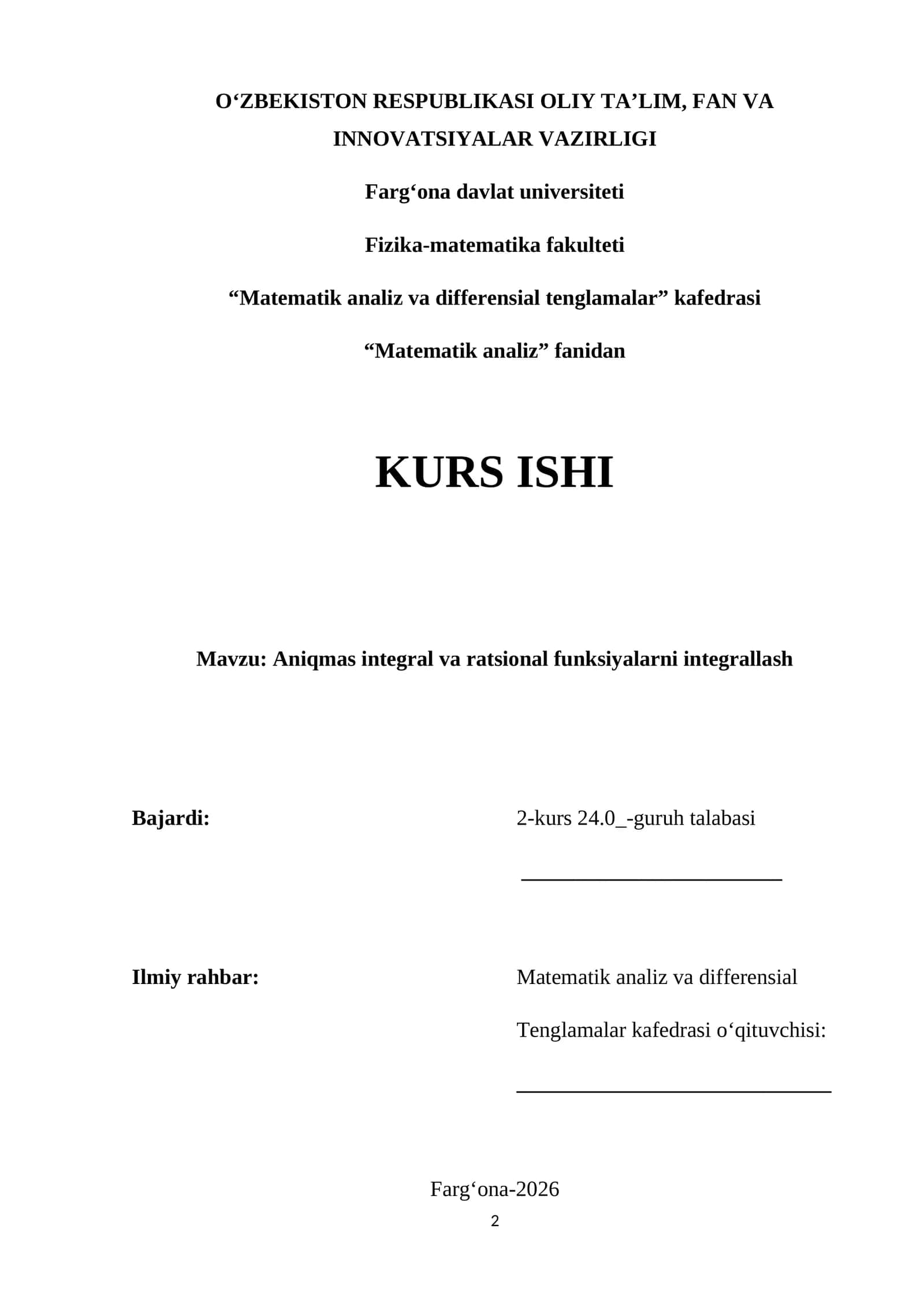 Aniqmas integral va ratsional funksiyalarni integrallash 1
