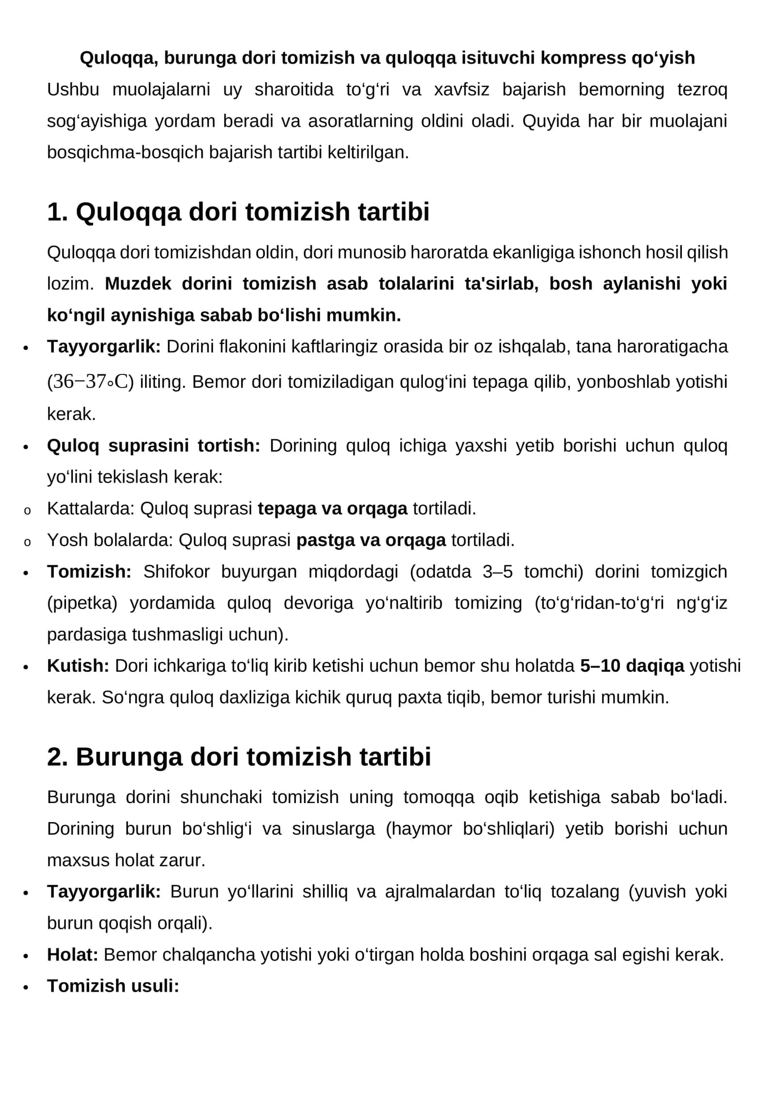 Quloqqa, burunga dori tomizish va quloqqa isituvchi kompress qo‘yish 1