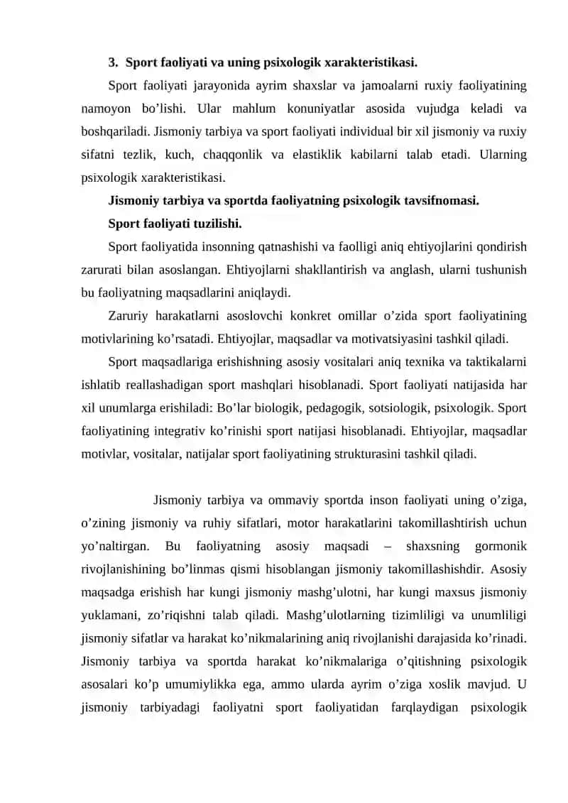 Sport faoliyati va uning psixologik xarakteristikasi