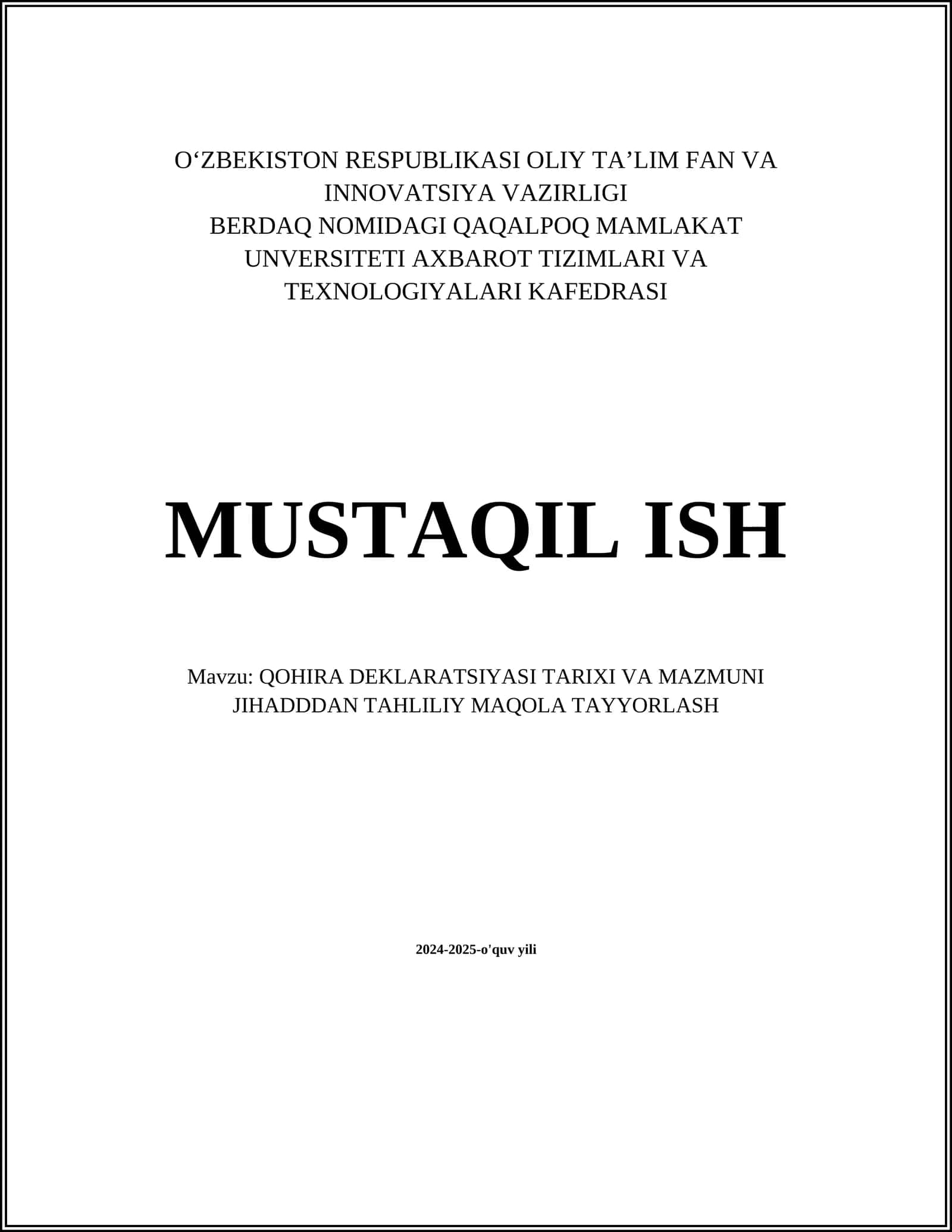 QOHIRA DEKLARATSIYASI TARIXI VA MAZMUNI JIHADDDAN TAHLILIY MAQOLA TAYYORLASH 1