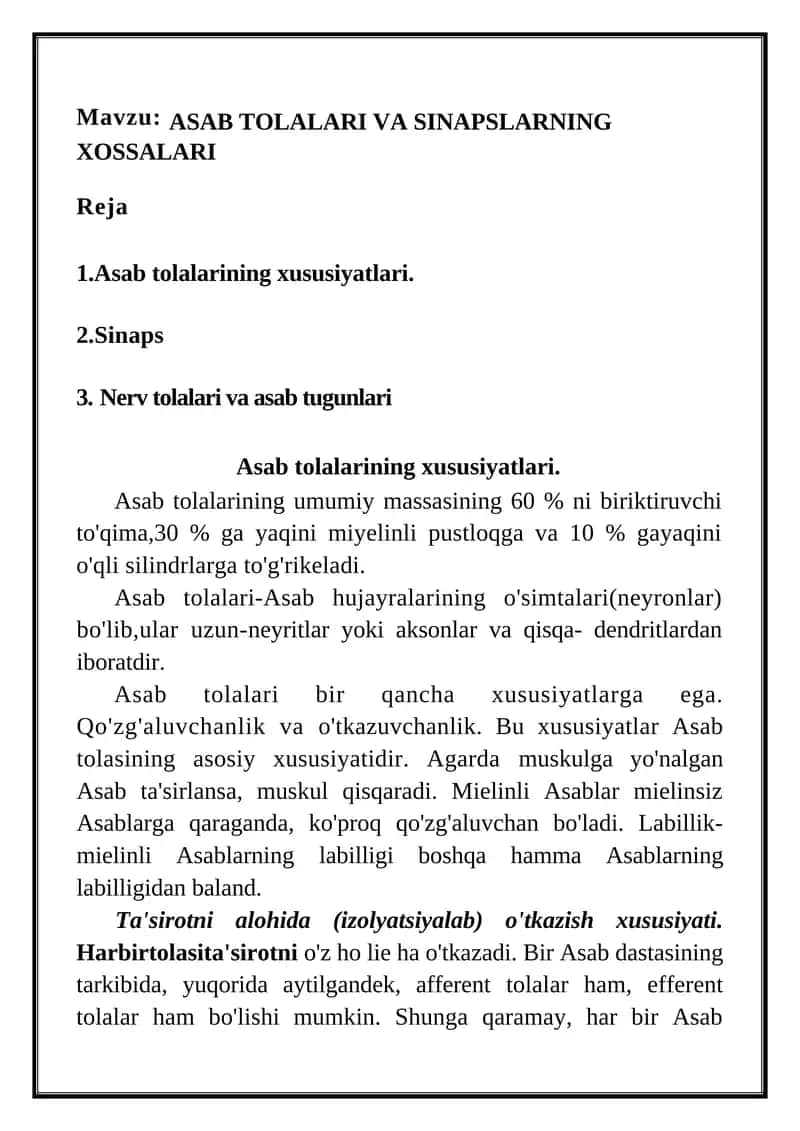 ASAB TOLALARI VA SINAPSLARNING XOSSALARI 1