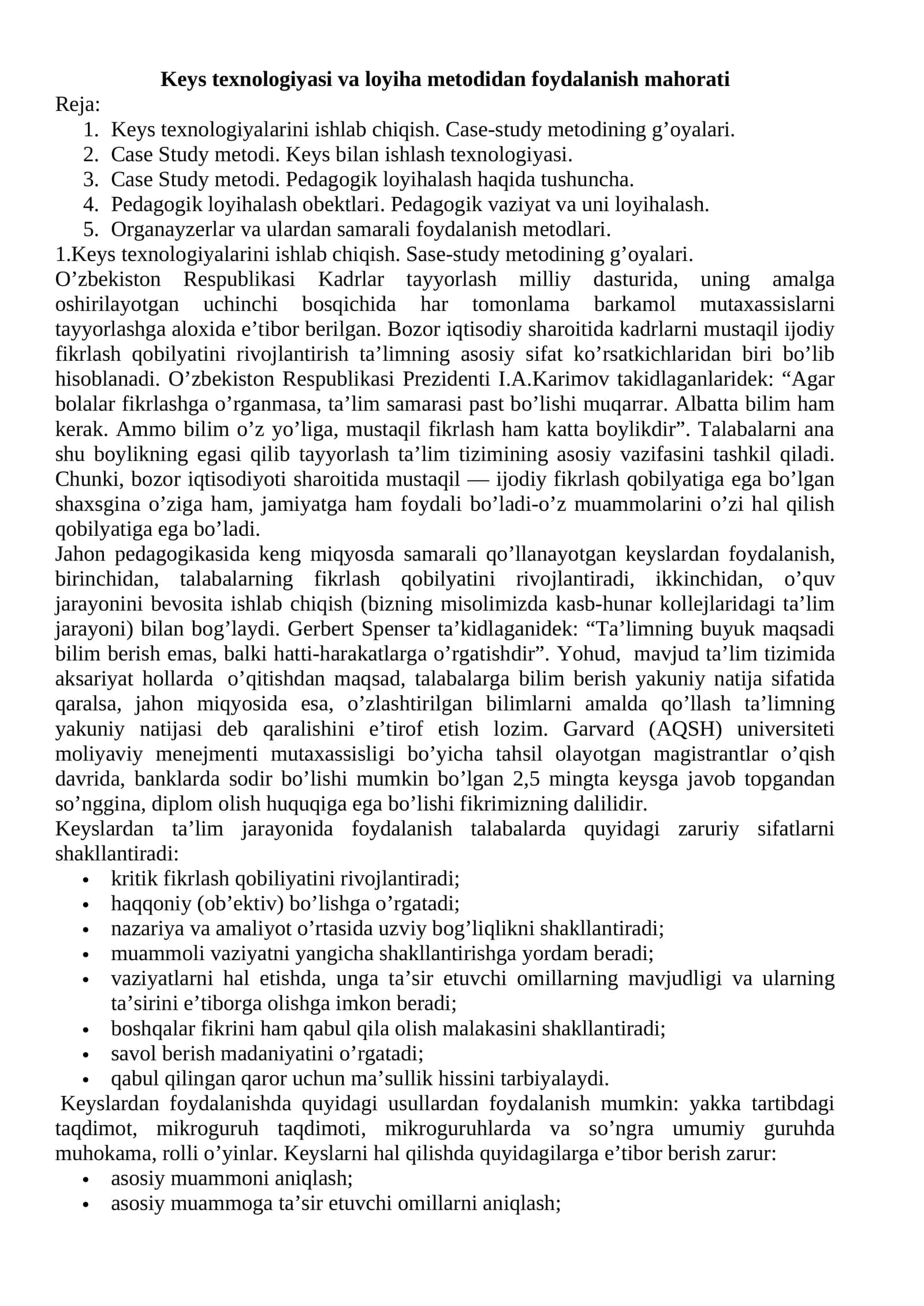 Keys texnologiyasi va loyiha metodidan foydalanish mahorati 1