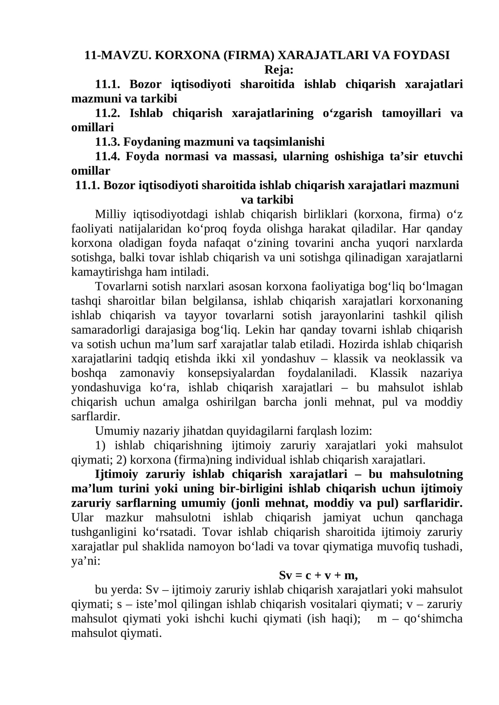 KORXONA (FIRMA) XARAJATLARI VA FOYDASI 1