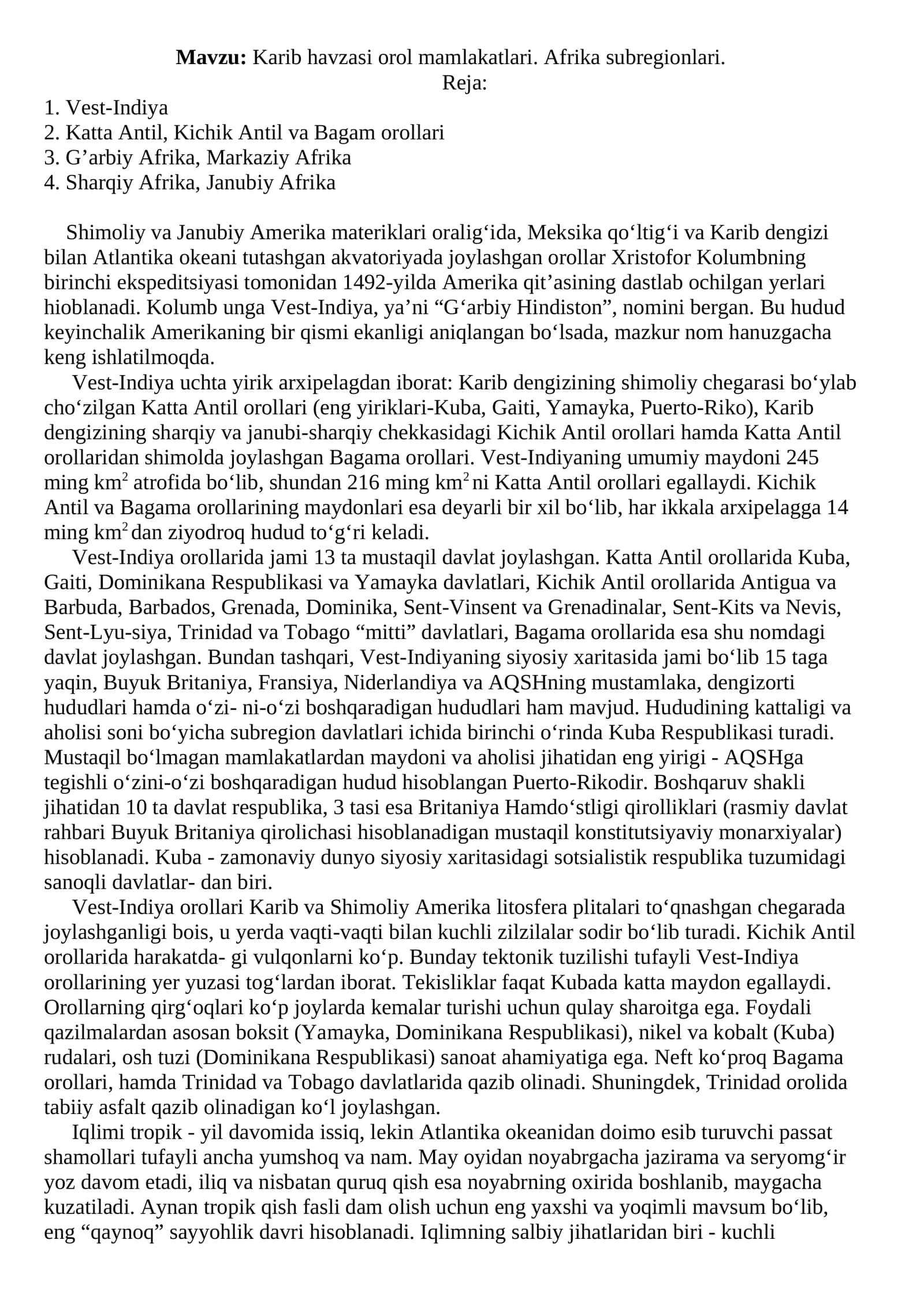 Karib havzasi orol mamlakatlari. Afrika subregionlari 1
