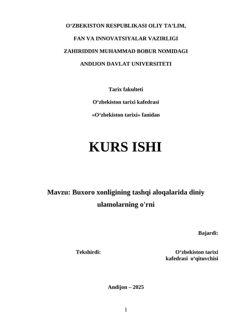 Buxoro xonligining tashqi aloqalarida diniy ulamolarning o'rni 1