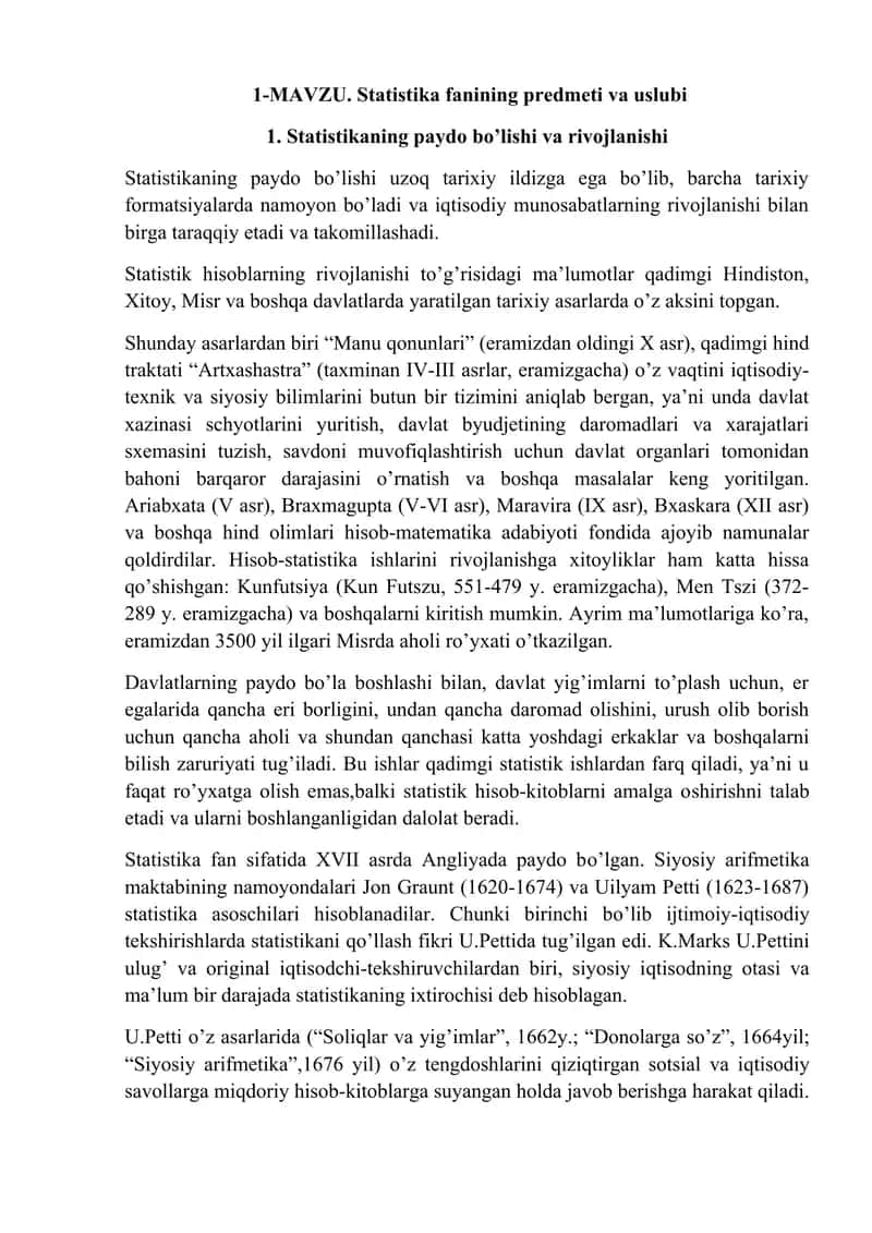 Statistika fanining predmeti va uslubi 1