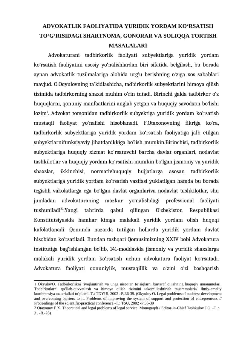 ADVOKATLIK FAOLIYATIDA YURIDIK YORDAM KO‘RSATISH TO‘G‘RISIDAGI SHARTNOMA, GONORAR VA SOLIQQA TORTISH MASALALARI 1