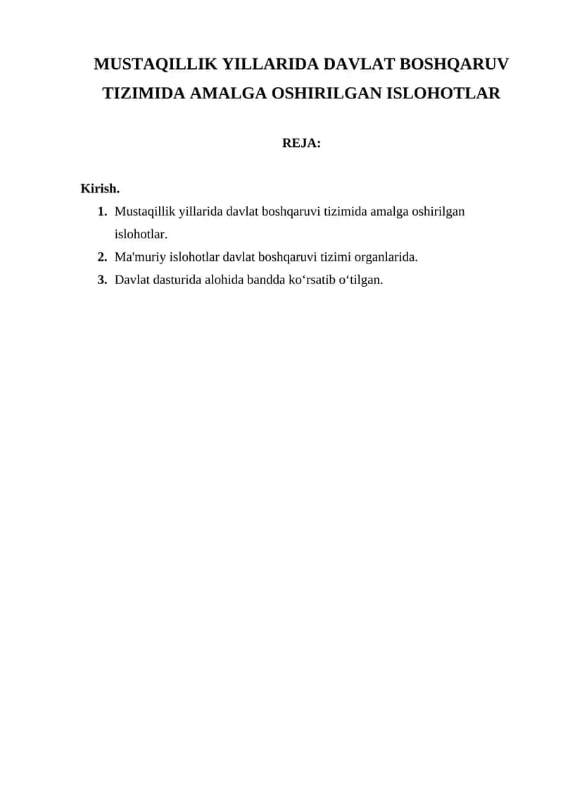Mustaqillik Yillarida Davlat Boshqaruv Tizimida Amalga Oshirilgan Ishlohlar 1