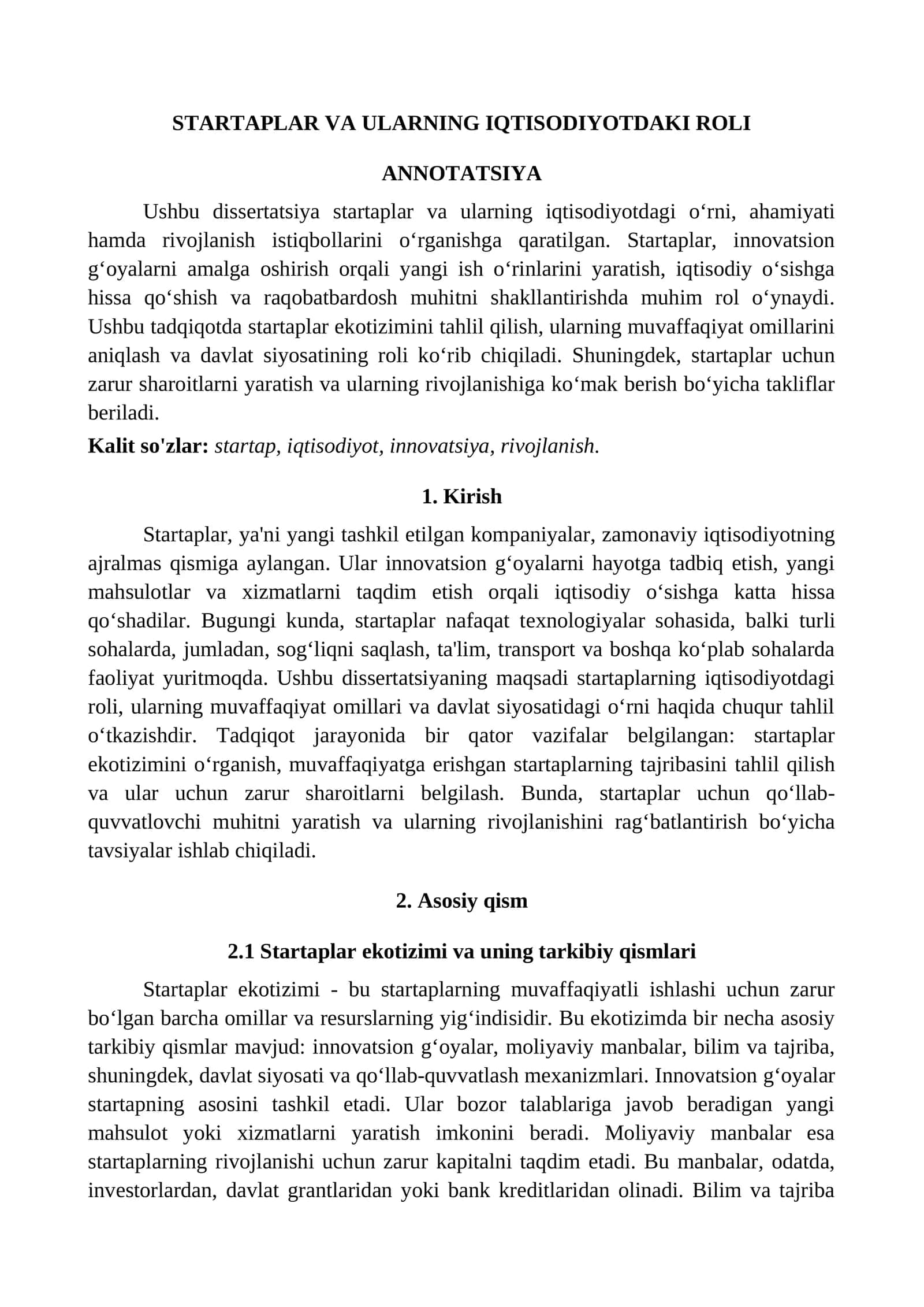 Startaplar va ularning iqtisodiyotdagi roli 1