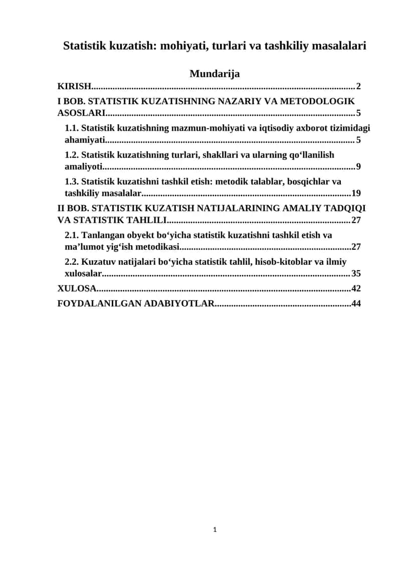 Statistik kuzatish; mohiyati, turlari va tashkiliy masalalari 1