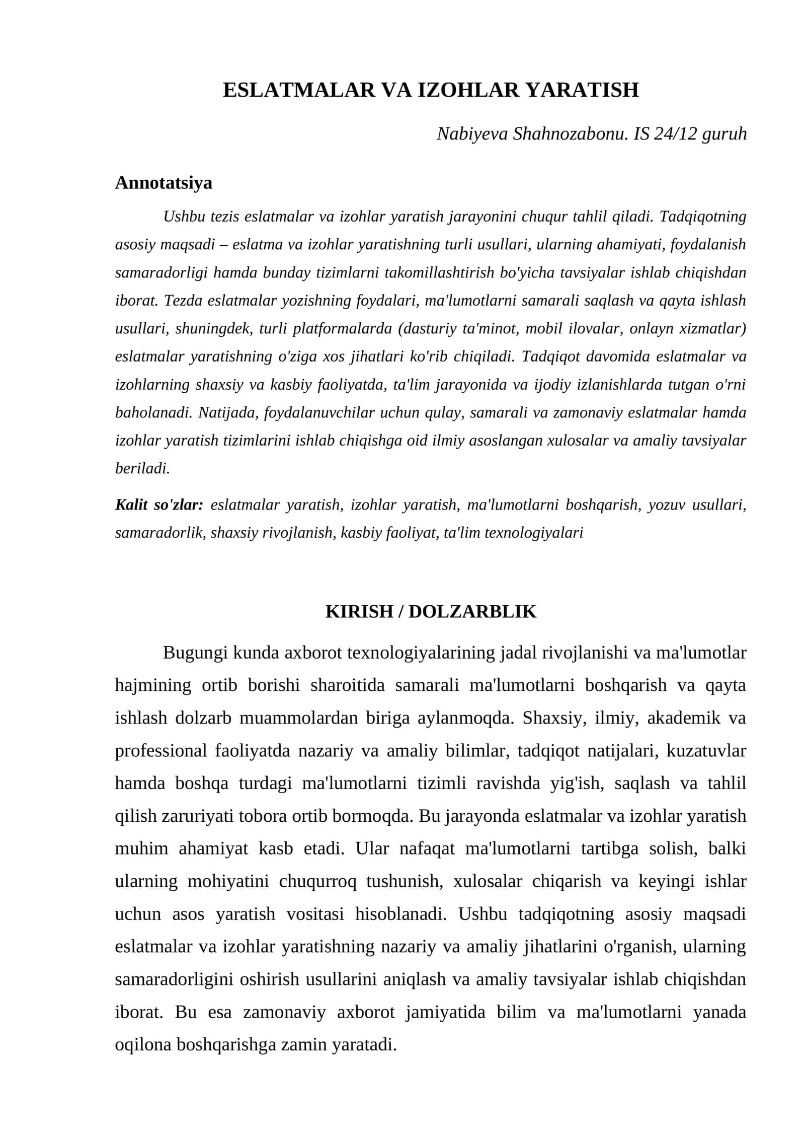 ESLATMALAR VA IZOHLAR YARATISH 1