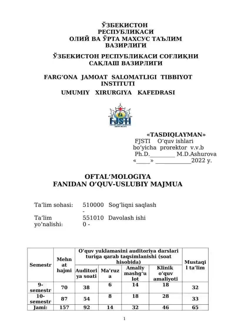 Oftalmologiya fanidna o'quv-uslubiy majmua