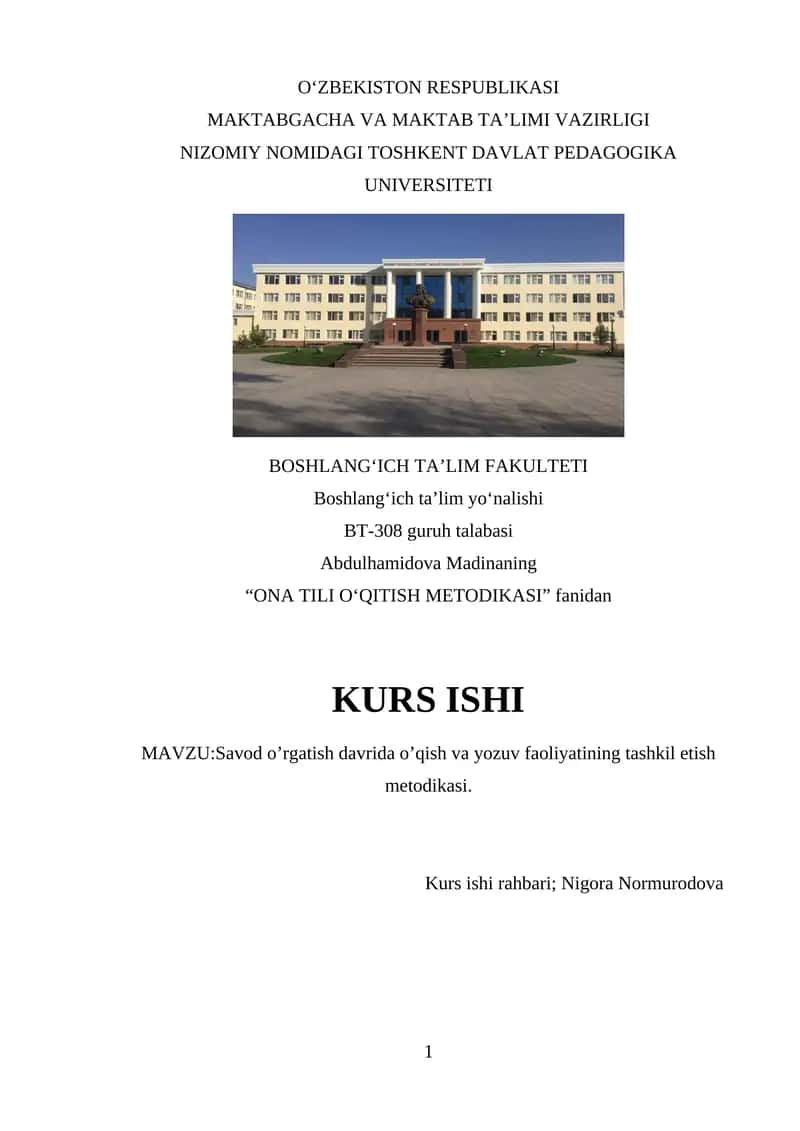 “ONA TILI O‘QITISH METODIKASI” fanidan

KURS ISHI 1