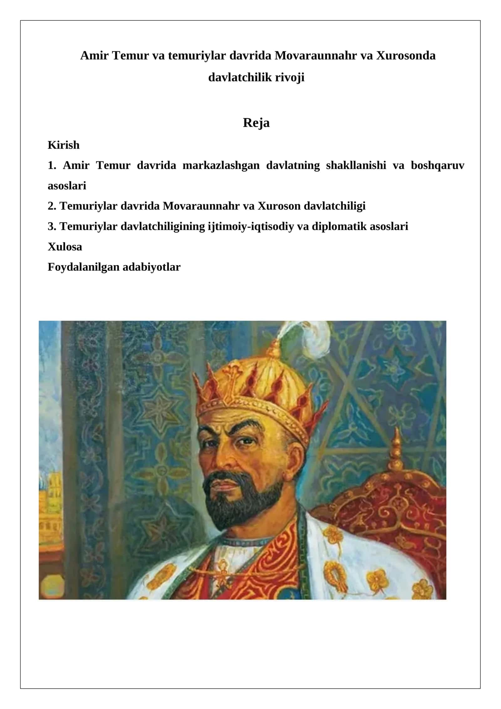 Amir Temur va temuriylar davrida Movaraunnahr va Xurosonda davlatchilik rivoji 1