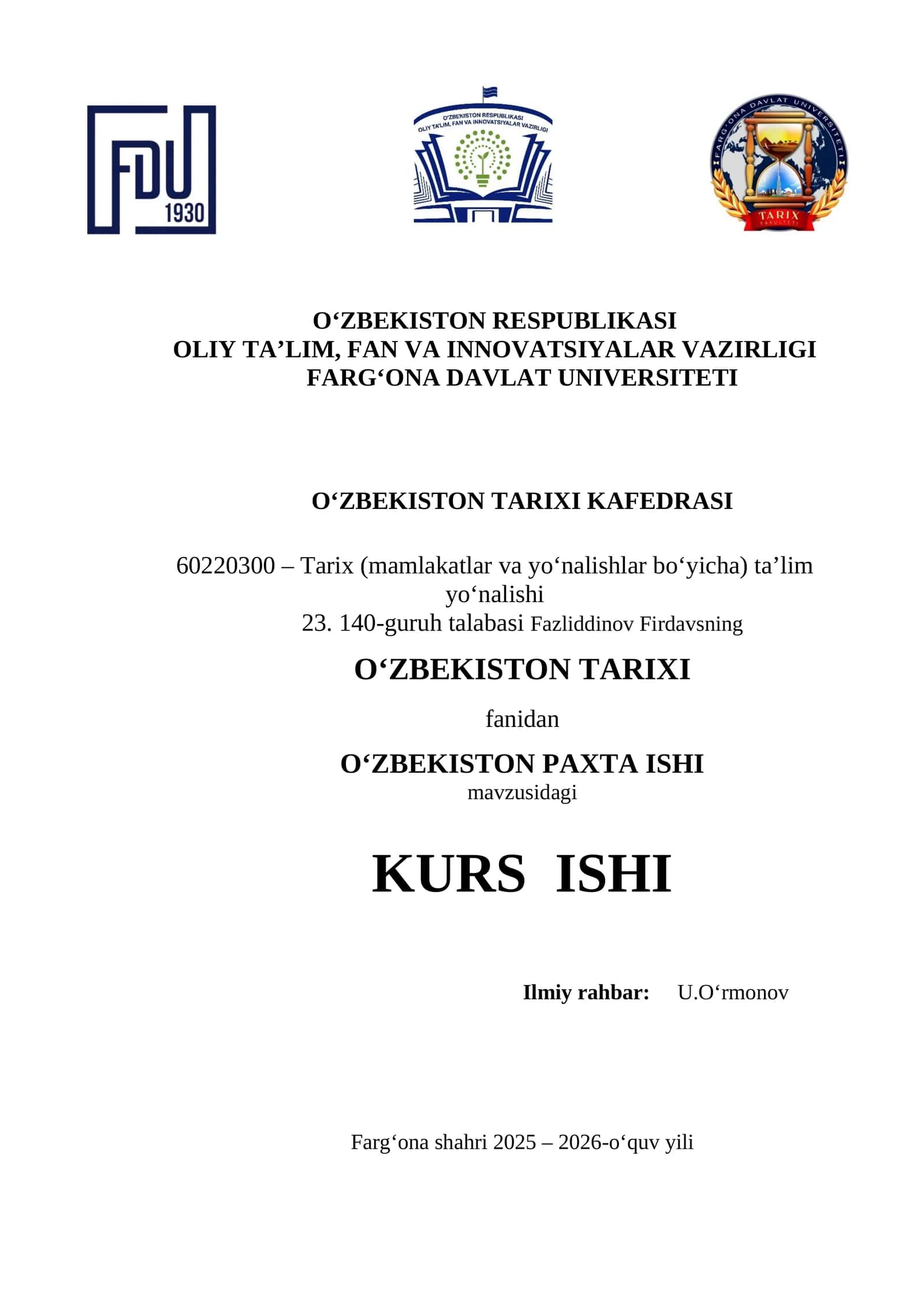 O‘ZBEKISTON TARIXI KURS ISHI 1