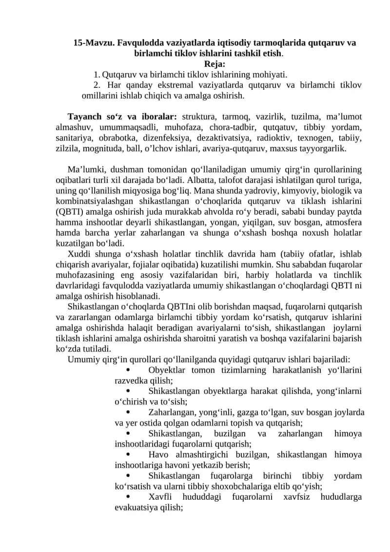 Favqulodda vaziyatlarda iqtisodiy tarmoqlarida qutqaruv va birlamchi tiklov ishlarini tashkil etish 1