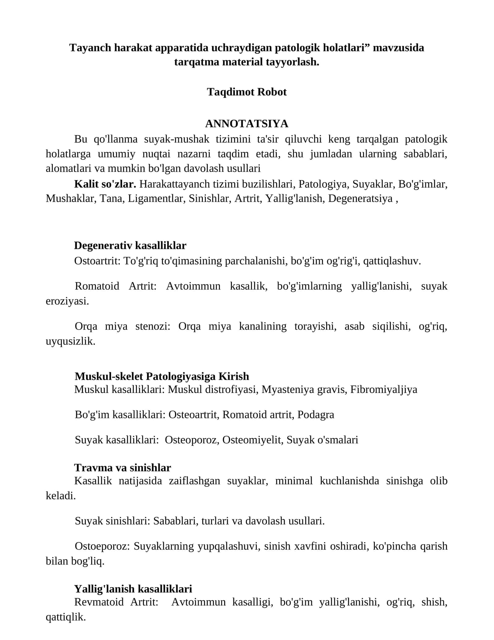 Tayanch harakat apparatida uchraydigan patologik holatlari 1
