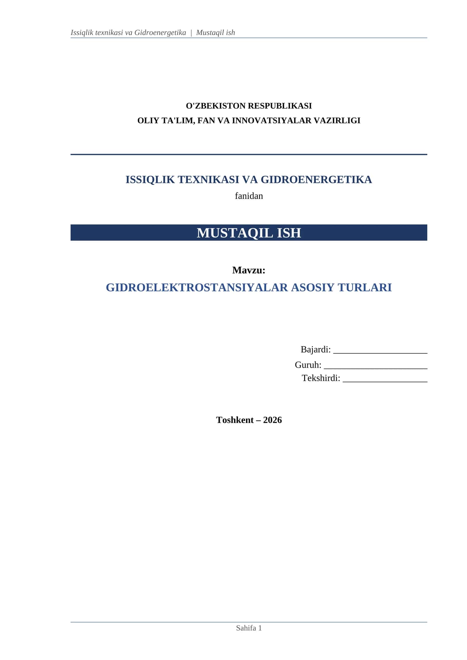 "Gidroelektrostansiyalar asosiy turlari" mustaqil ish 1