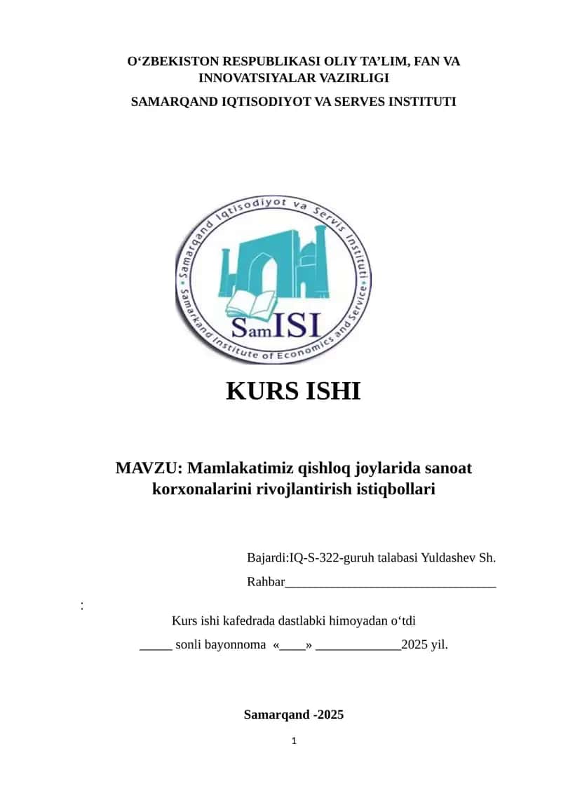 “Mamlakatimiz qishloq joylarida sanoat korxonalarini rivojlantirish istiqbollari” mavzusida ilmiy ish 1