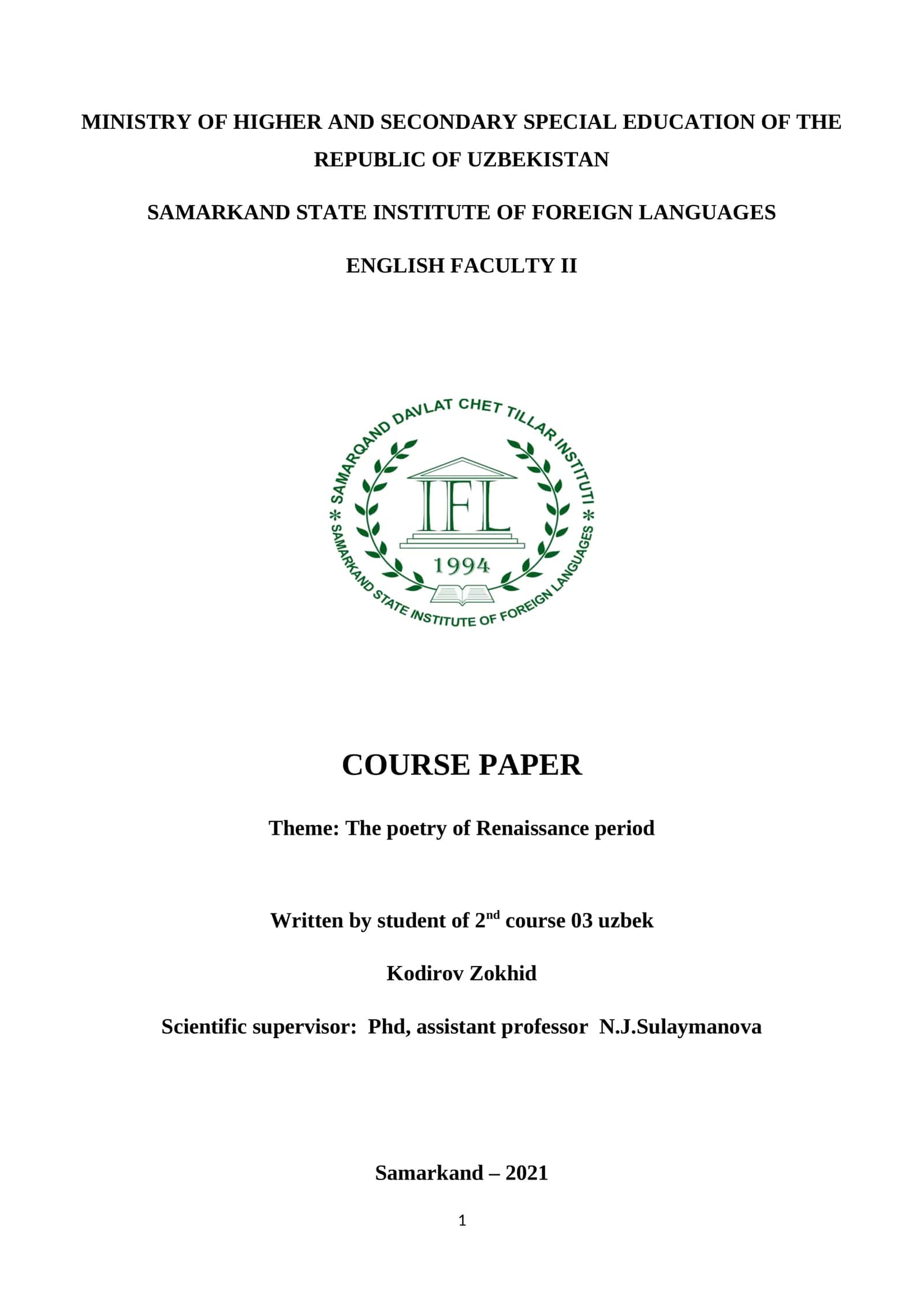 Course Paper on The Poetry of Renaissance Period 1