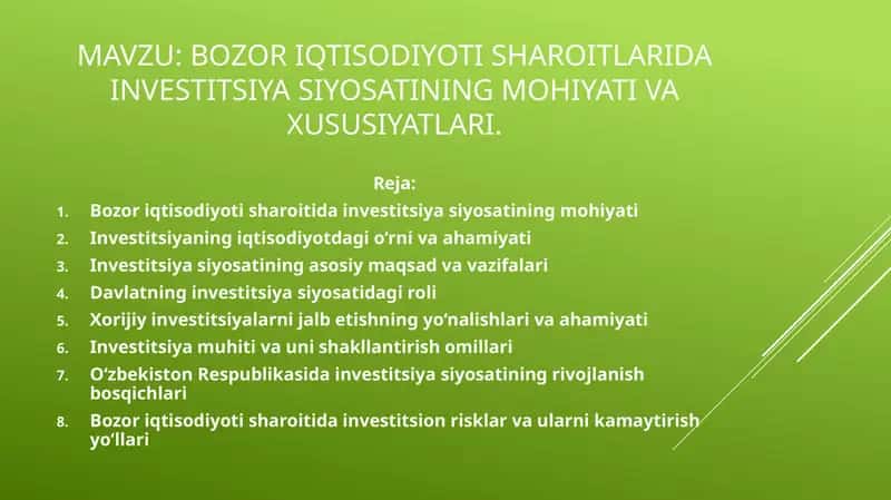 Bozor iqtisodiyoti sharoitlarida investitsiya siyosatining mohiyati va xususiyatlari. 1