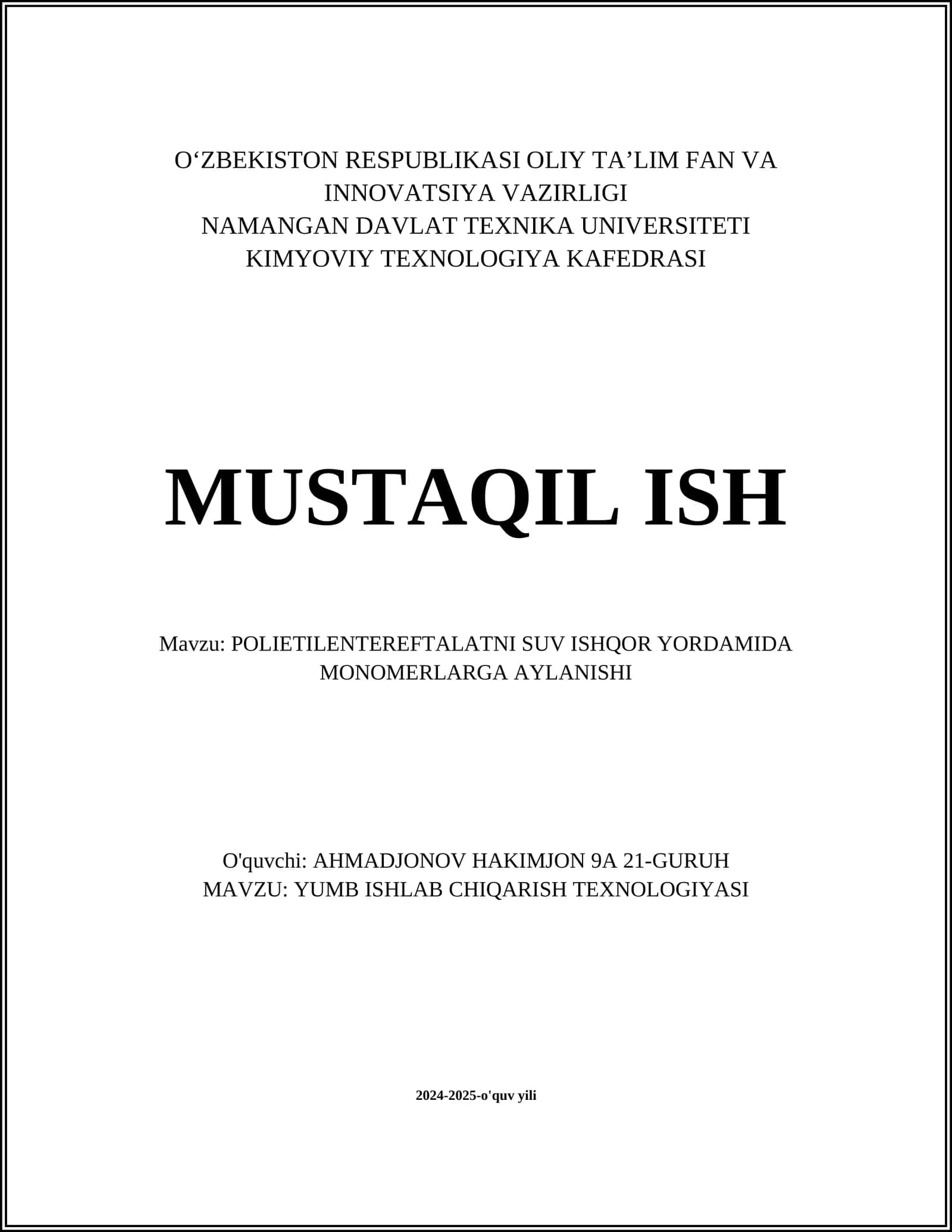 POLIETILENTEREFTALATNI SUV ISHQOR YORDAMIDA MONOMERLARGA AYLANISHI 1