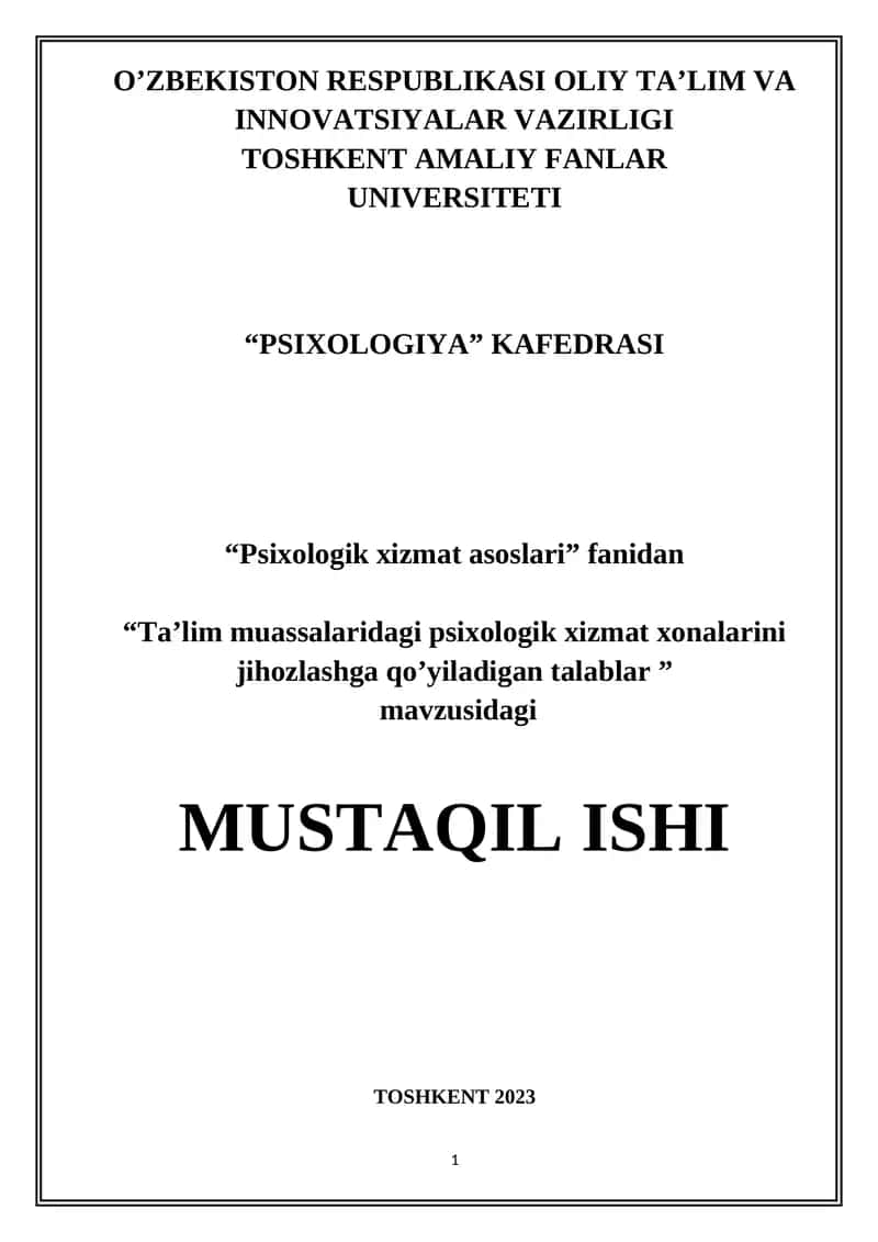 Ta’lim muassalaridagi psixologik xizmat xonalarini jihozlashga qo’yiladigan talablar 1